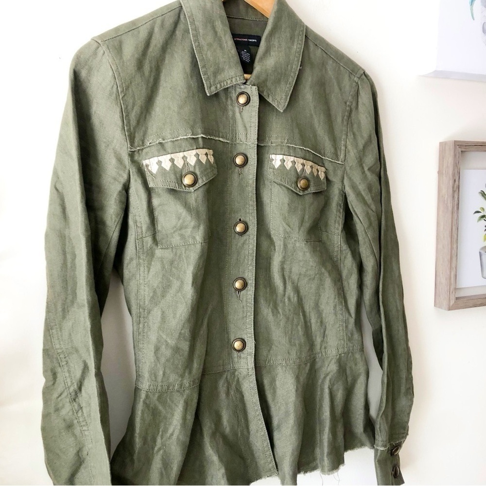 International Concepts 100% Linen Embroidered Olive Green Utility Jacket Sz M - Picture 8 of 13